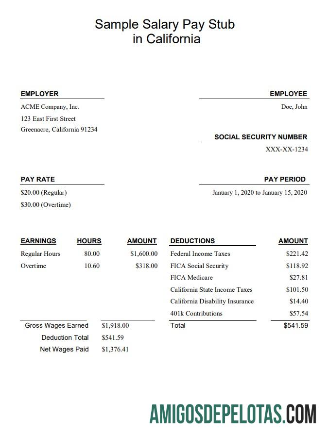 Para download Modelo Word e PDF de recibo de pagamento de salário da Califórnia